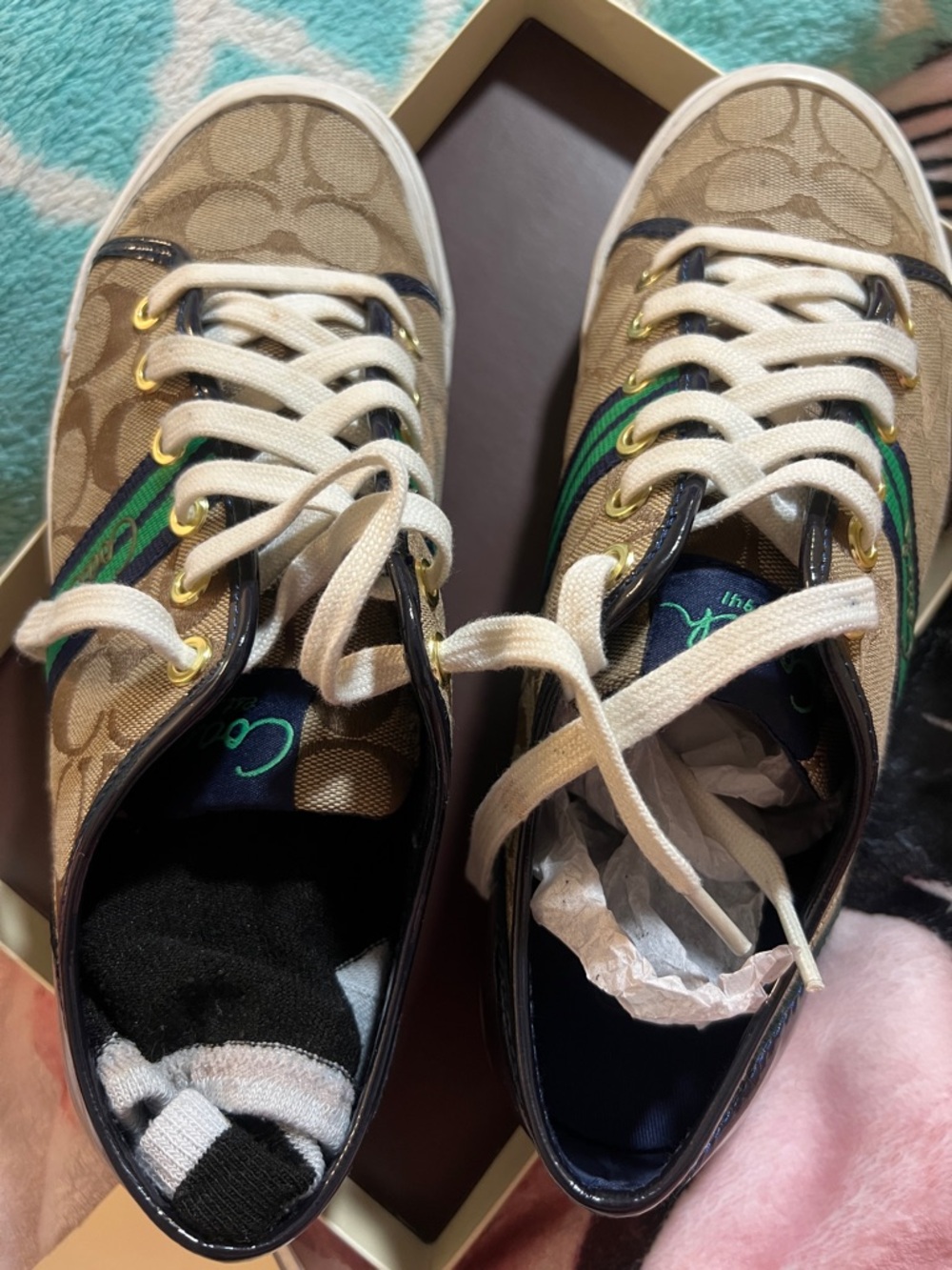 Coach Tan Signature Canvas Sneaker with Green and Navy Stripe - Picture 2 of 6